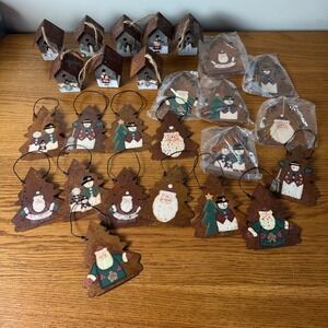 Set Rustic Christmas Ornaments Tree Santa Snowman Birdhouse Hand Painted Rusty